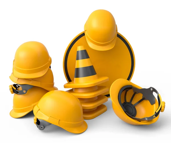 一套安全帽或硬礼帽和交通圆锥 白色背景下正在施工的公路标志 3D为产业工人和杂工提供木工工具 — 图库照片