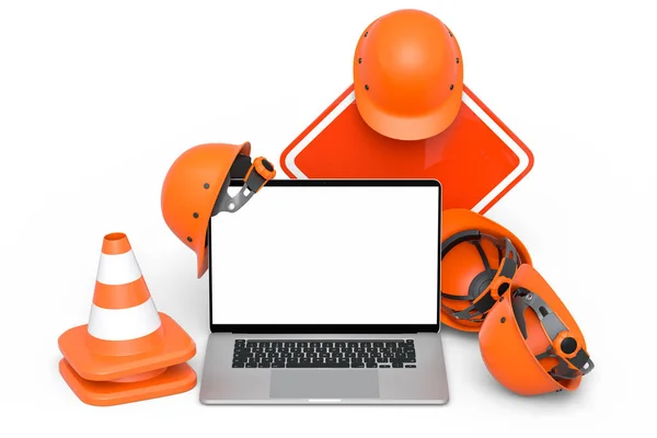 一套安全帽或硬礼帽和交通圆锥 白色背景下正在施工的公路标志 3D使用木工工具和笔记本电脑对网站进行维护 — 图库照片