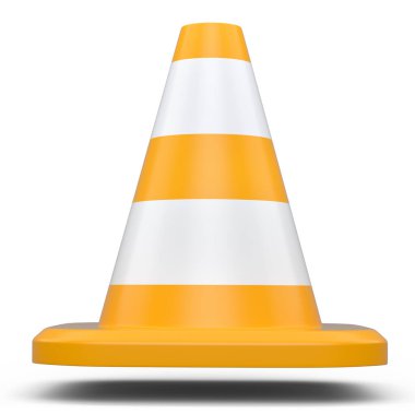 Beyaz arka planda inşaat halindeki yol çalışmaları için trafik konisi. 3d bakım konsepti ya da dikkat uyarı konisi