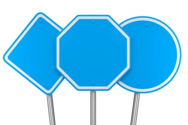 Beyaz arka planda izole edilmiş direkteki yol işaretleri. Sokak trafik işaretinin 3d modelleme şablonu