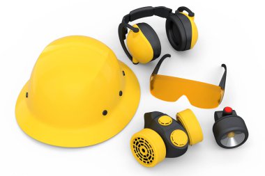 Kask gibi tamir ve montaj için bir set inşaat giysisi. Kulaklıklar ve solunum cihazı beyaz arka planda. Tesisatçı ya da tamirci için 3D tasvir ve hizmet afişi