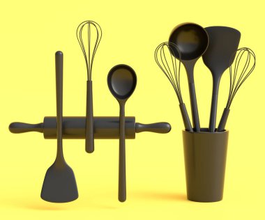 Ahşap mutfak aletleri, aletler ve teçhizat monokrom arka planında. Ev yapımı mutfak aletleri ve yemek pişirmek için aksesuarlar