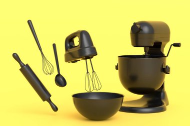 Tek renk arka planda hamur hazırlamak için mutfak gereçleriyle karıştırıcı ve metal kase. Aşçılık, harmanlama ve karıştırma için 3D pişirme süreci adım adım ve aksesuarları