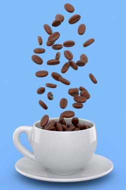 Ceramic coffee cup with coffee beans for cappuccino, americano, espresso, mocha, latte, cocoa on blue background. 3d render of concept takeaway food and drink in recycling packaging and donut