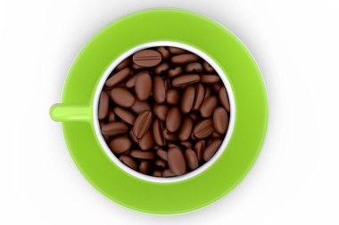 Ceramic coffee cup with coffee beans for cappuccino, americano, espresso, mocha, latte, cocoa on white background. 3d render of concept takeaway food and drink in recycling packaging and donut