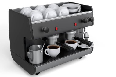 Beyaz arka planda izole edilmiş iki fincan için kornalı profesyonel espresso kahve makinesi. 3D kahve üretimi kavramı ya da ev kahvecisi tasarım şablonunda espresso yapmak