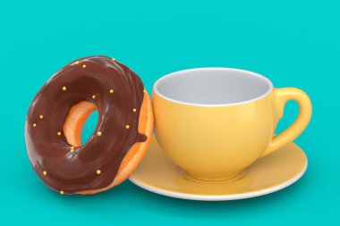 Ceramic coffee cup with cap for cappuccino, americano, espresso, mocha, latte, cocoa with doughnuts on green background. 3d render of concept takeaway food and drink in recycling packaging and donut