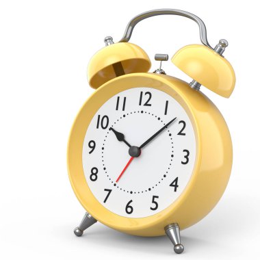 Vintage alarm clock on white background. 3d render concept of wake up time morning and hurry up, sales promotion period for online shopping