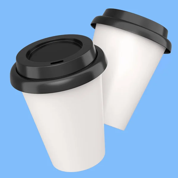 Set of paper coffee cups with cover for cappuccino, americano, espresso, mocha, latte, cocoa on blue background. 3d render of concept takeaway food and drink in recycling packaging