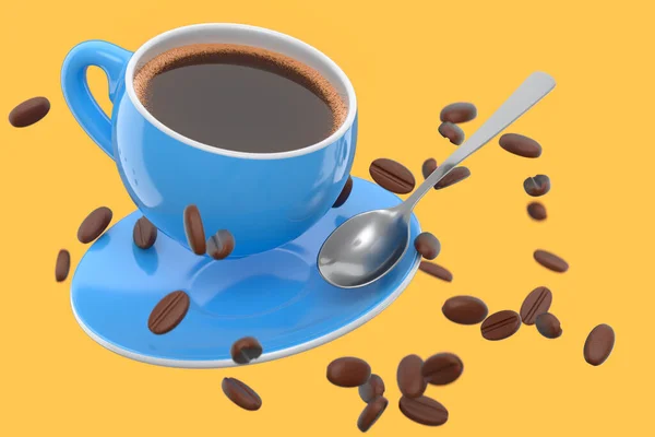 Ceramic coffee cup with coffee beans for cappuccino, americano, espresso, mocha, latte, cocoa on yellow background. 3d render of concept takeaway food and drink in recycling packaging and donut