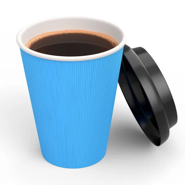 Paper coffee cup with cover for cappuccino, americano, espresso, mocha, latte, cocoa on white background. 3d render of concept takeaway food and drink in recycling packaging