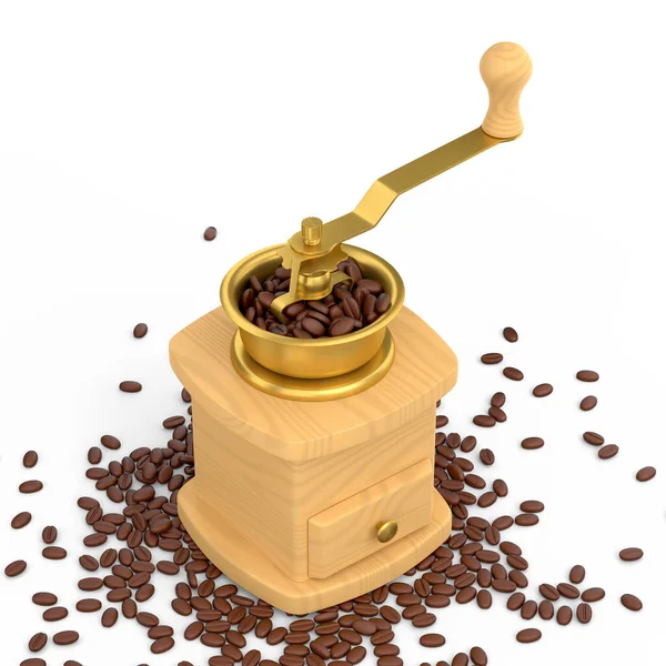 Manual Wooden Coffee Grinder Coffee Beans White Background Render Concept — Stockfoto