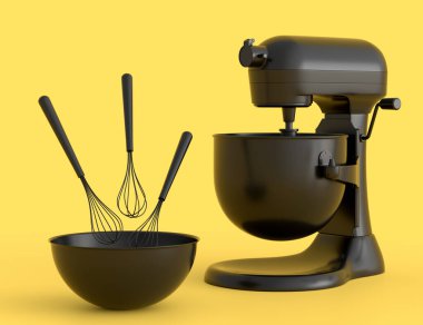 Tek renk arka planda hamur hazırlamak için mutfak gereçleriyle karıştırıcı ve metal kase. Aşçılık, harmanlama ve karıştırma için 3D pişirme süreci adım adım ve aksesuarları