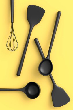 Ahşap mutfak aletleri, aletler ve teçhizat monokrom arka planında. Ev yapımı mutfak aletleri ve yemek pişirmek için aksesuarlar