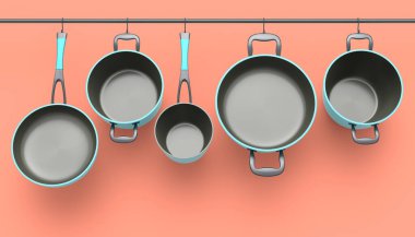Paslanmaz çelik güveç seti, kızartma tavası ve krom kaplama alüminyum tencereler pembe arka planda rafta asılı duruyor. Yapışmayan mutfak gereçlerinin 3D görüntüsü