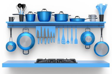 Mutfak gereçleri, güveç tenceresi, kızartma tavası ve krom tencereler rafta asılı ve elektrik veya gaz ocağı fırınında beyaz arka planda yanan alevler. 3D yemek hazırlama ve kaynatma