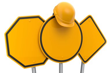 Güvenlik kaskı seti ya da trafik levhalarında beyaz arka planda izole edilmiş trafik levhası. Sokak trafik işaretinin 3d modelleme şablonu