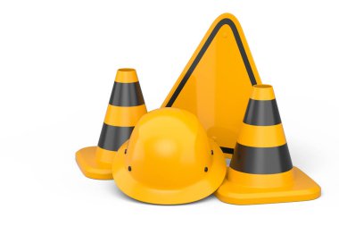 Güvenlik miğferleri, başlıklar ve trafik konileri beyaz arka planda yol çalışması için yol tabelası. Endüstriyel işçiler ve tamirciler için marangozluk araçları