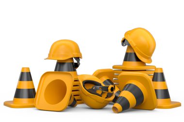 Güvenlik miğferleri, başlıklar ve trafik konileri beyaz arka planda yol çalışması için yol tabelası. Endüstriyel işçiler ve tamirciler için marangozluk araçları