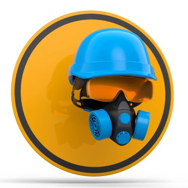 Mühendis miğferi gibi tamir ve montaj için bir takım giysi ve aletler. Kulaklıklar, solunum cihazı ve beyaz arka planda trafik işaretleri. 3D tesisatçı ya da tamirci servisi