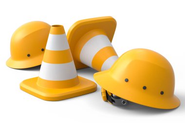 Beyaz arka planda inşaat halindeki yol çalışmaları için güvenlik kaskları veya trafik konileri. Endüstriyel işçiler ve tamirciler için marangozluk araçları