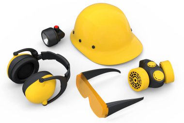 Kask gibi tamir ve montaj için bir set inşaat giysisi. Kulaklıklar ve solunum cihazı beyaz arka planda. Tesisatçı ya da tamirci için 3D tasvir ve hizmet afişi