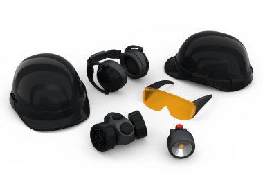 Kask gibi tamir ve montaj için bir set inşaat giysisi. Kulaklıklar ve solunum cihazı beyaz arka planda. Tesisatçı ya da tamirci için 3D tasvir ve hizmet afişi