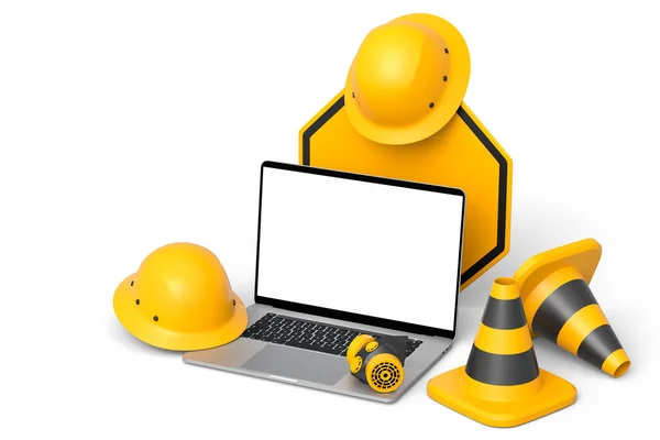 안전모나 안전모 바탕으로 건설중인 공사를 표지판 노트북으로 관리하는 사이트 — 스톡 사진