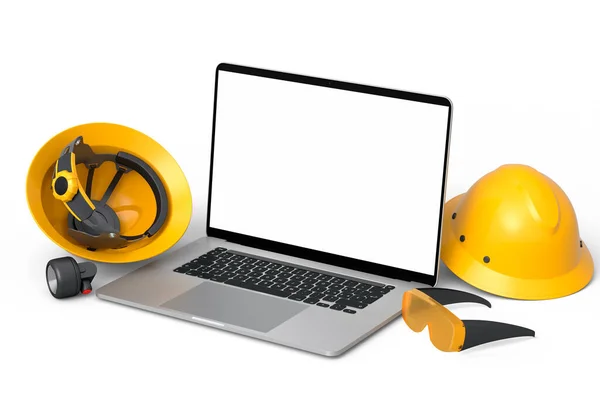 Állítsa Biztonsági Sisakok Vagy Kemény Sapkák Védőszemüveg Laptop Ácsmunka Fehér — Stock Fotó