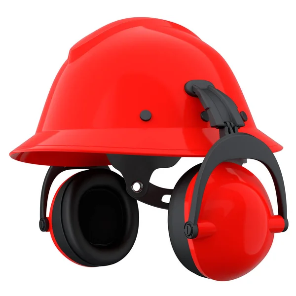 红色安全帽或硬帽子和耳机围巾隔离在白色背景 头盔和手工工具的3D渲染和说明 — 图库照片