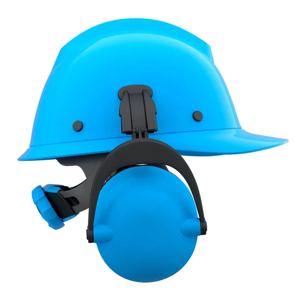 白い背景に隔離された青い安全ヘルメットまたはハードキャップとイヤフォンのマフ 3次元レンダリングとヘッドギアとハンディマンツールのイラスト — ストック写真