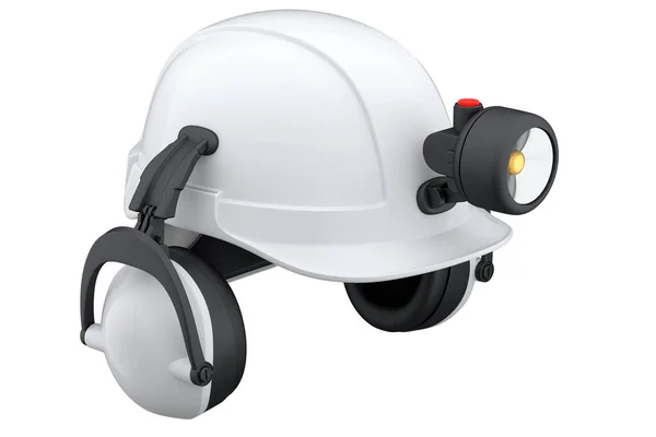 白色安全帽或白色背景的带有手电筒和耳机的硬帽 头盔和手工工具的3D渲染和说明 — 图库照片