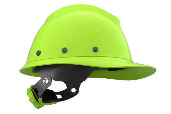 白い背景に隔離された緑の安全ヘルメットやハードキャップ 3次元レンダリングとヘッドギアとハンディマンツールのイラスト — ストック写真