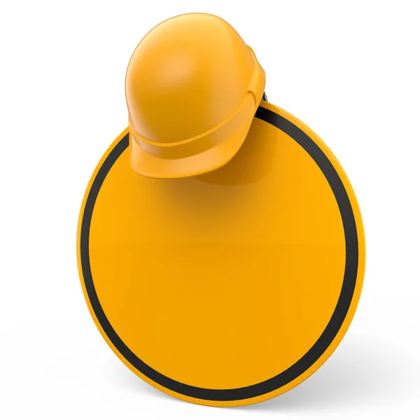 道路交通标志上的安全帽或硬礼帽 白色背景隔离 工业工人和杂工头盔制造工具3D渲染 — 图库照片
