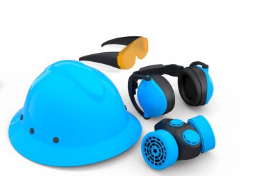 Kask gibi tamir ve montaj için bir set inşaat giysisi. Kulaklıklar ve solunum cihazı beyaz arka planda. Tesisatçı ya da tamirci için 3D tasvir ve hizmet afişi