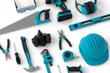 Beyaz arka planda onarım ve kurulum için yeşil inşaat araçlarının üst görünümü. Tesisatçı ya da tamirci için 3D tasvir ve hizmet afişi