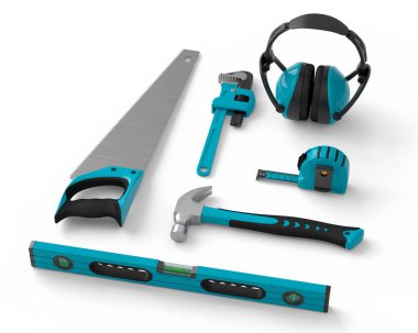 Beyaz arka planda onarım ve kurulum için yeşil inşaat araçlarının üst görünümü. Tesisatçı ya da tamirci için 3D tasvir ve hizmet afişi