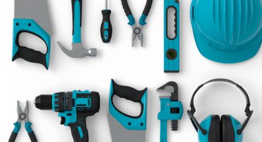 Beyaz arka planda onarım ve kurulum için yeşil inşaat araçlarının üst görünümü. Tesisatçı ya da tamirci için 3D tasvir ve hizmet afişi