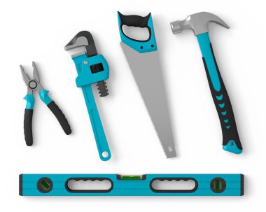 Beyaz arka planda onarım ve kurulum için yeşil inşaat araçlarının üst görünümü. Tesisatçı ya da tamirci için 3D tasvir ve hizmet afişi