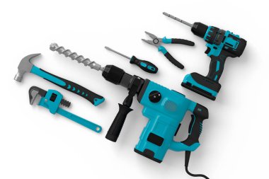 Beyaz arka planda onarım ve kurulum için yeşil inşaat araçlarının üst görünümü. Tesisatçı ya da tamirci için 3D tasvir ve hizmet afişi