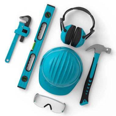 Beyaz arka planda onarım ve kurulum için yeşil inşaat araçlarının üst görünümü. Tesisatçı ya da tamirci için 3D tasvir ve hizmet afişi