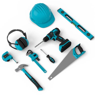 Beyaz arka planda onarım ve kurulum için yeşil inşaat araçlarının üst görünümü. Tesisatçı ya da tamirci için 3D tasvir ve hizmet afişi