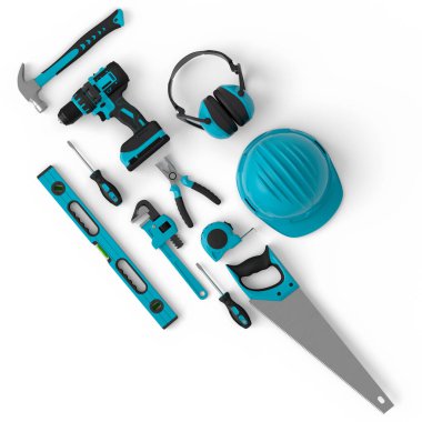 Beyaz arka planda onarım ve kurulum için yeşil inşaat araçlarının üst görünümü. Tesisatçı ya da tamirci için 3D tasvir ve hizmet afişi