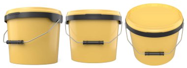 Plastik kutular ya da beyaz arka planı olan boya kovaları. 3D yenileme konsepti ve iç tasarım