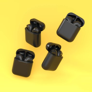 Sarı arka planda izole edilmiş şarj çantasındaki tek renkli kablosuz bluetooth kulaklıklar. Müzik dinlemek ya da evden uzak çalışmak için aksesuarların 3B görüntülenmesi
