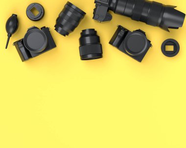 Top view of monochrome designer workspace and gear like nonexistent DSLR camera, lens, tripod and speedlight flashes on yellow background. 3d render of accessories for illustrator and photography