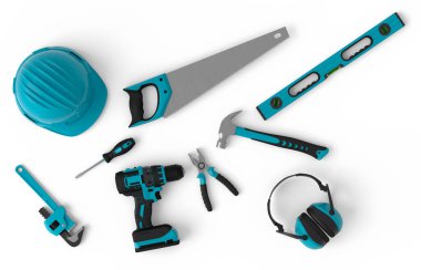 Beyaz arka planda onarım ve kurulum için yeşil inşaat araçlarının üst görünümü. Tesisatçı ya da tamirci için 3D tasvir ve hizmet afişi