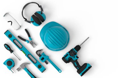 Beyaz arka planda onarım ve kurulum için yeşil inşaat araçlarının üst görünümü. Tesisatçı ya da tamirci için 3D tasvir ve hizmet afişi