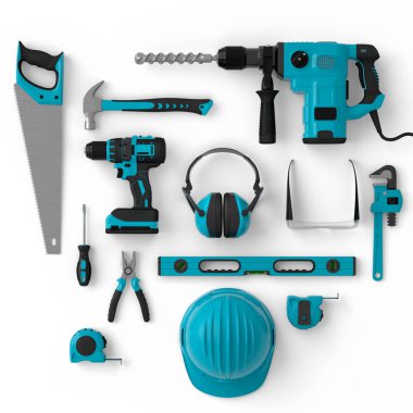 Beyaz arka planda onarım ve kurulum için yeşil inşaat araçlarının üst görünümü. Tesisatçı ya da tamirci için 3D tasvir ve hizmet afişi