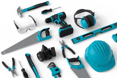 Beyaz arka planda onarım ve kurulum için yeşil inşaat araçlarının üst görünümü. Tesisatçı ya da tamirci için 3D tasvir ve hizmet afişi